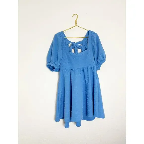 Free People Violet Mini Dress Size Large Sky Blue Puff Sleeve Babydoll Coquette - Picture 3 of 14